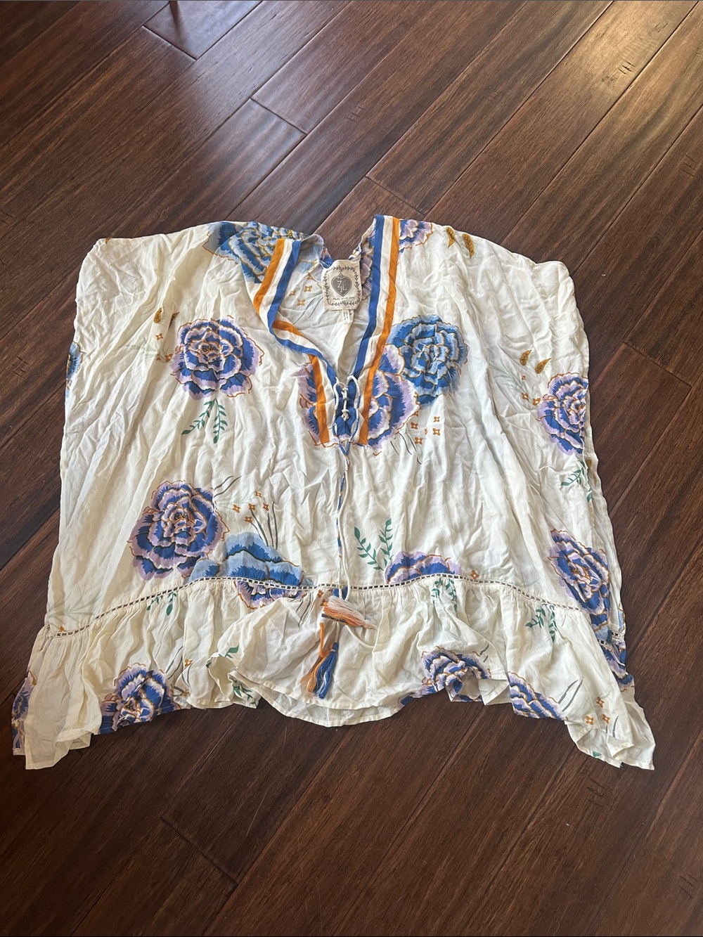 White Floral Tie-Front Tunic with Blue & Gold Trim